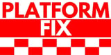 Red and white Platform Fix logo with text and checkerboard pattern design